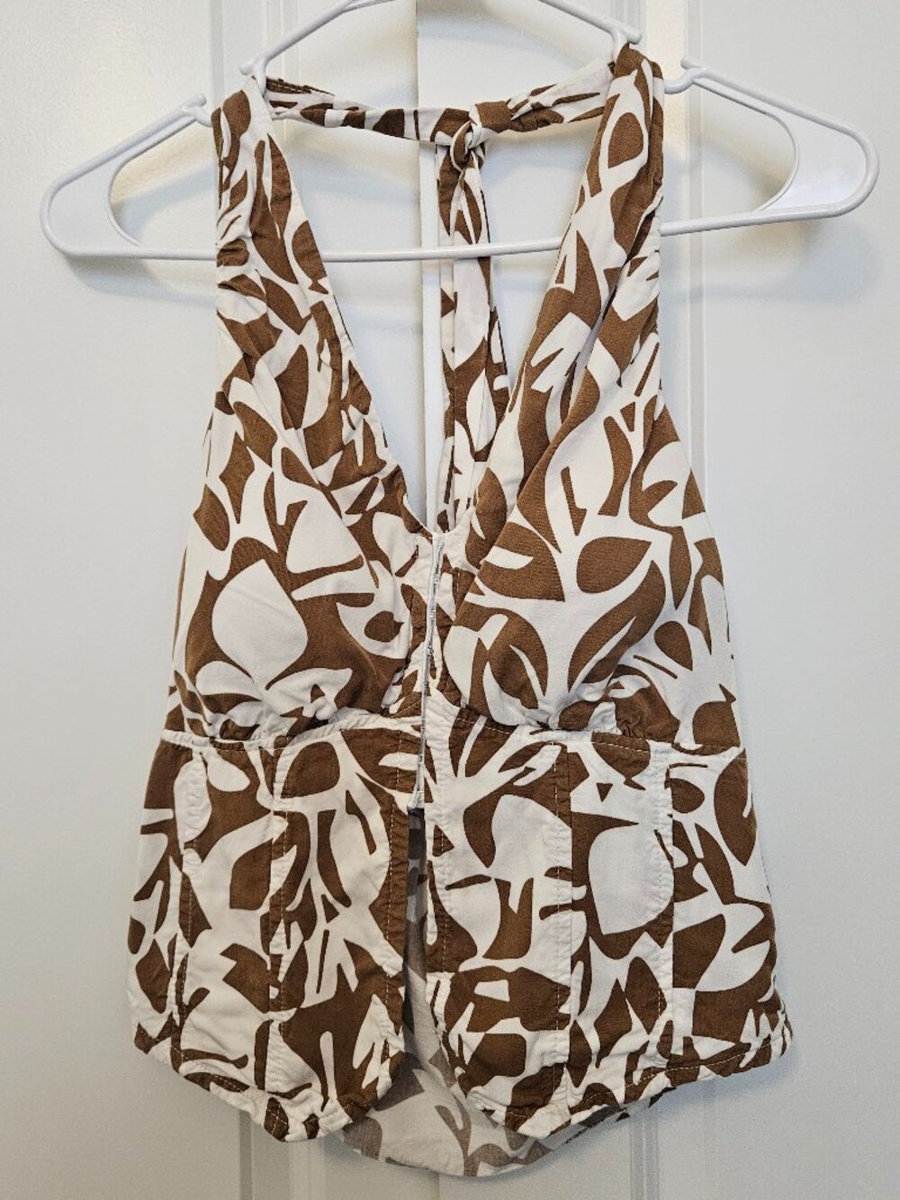 Brown & Cream Abstract-Leaf Shirred Balloon-Sleeve Top - size M